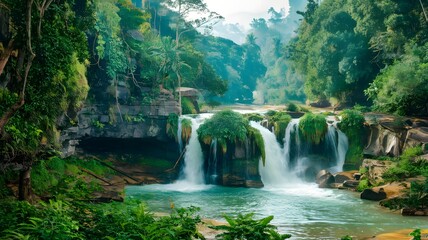 Fototapeta premium Lush Waterfall Cascading Through a Dense Tropical Rainforest
