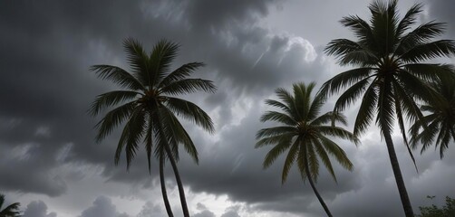 Obraz premium Coconut palm fronds waving in the air as a dark grey storm cloud approaches, ocean, stormy weather