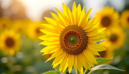 Fototapeta premium Close-up of vibrant sunflower blooming in a field of sunflowers