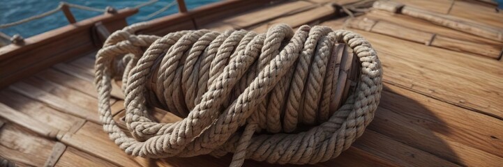 Coiled rope wrapped around a wooden boat's mast, coiling ropes, marina