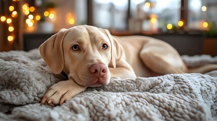 A dog is laying on a bed with a blanket