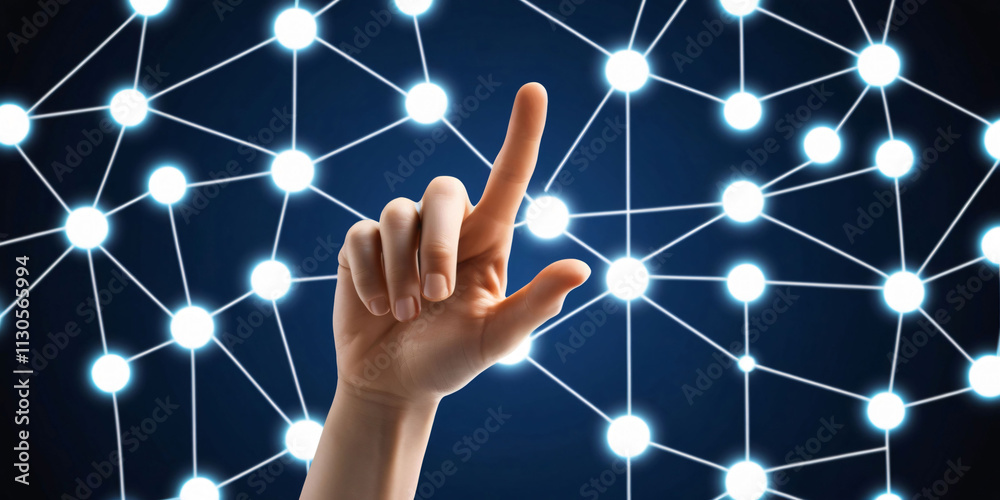 Poster concept of digital connection with hand signaling for communication in a network of glowing nodes