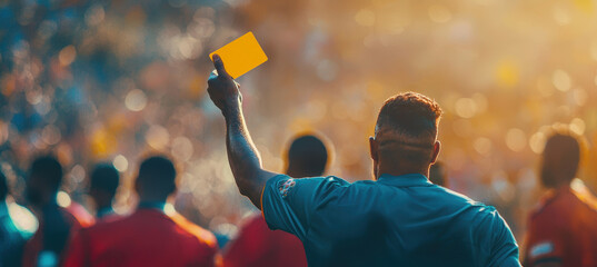 Soccer Referee Issuing Yellow Card in Intense Match for Sports Training and Disciplinary Concept