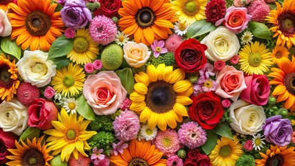 Colorful and intricate floral pattern featuring a mix of roses, daisies, and sunflowers in a natural setting, flower backgrounds, garden flowers, peony, floral patterns, nature