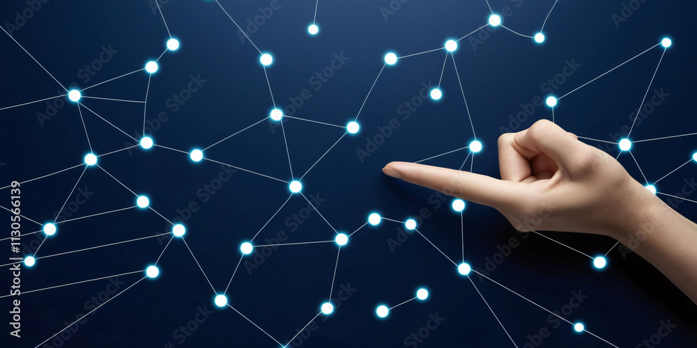 Poster concept of digital connection with hand signaling for communication in a network of glowing nodes