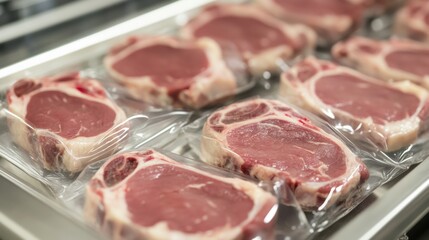 Meat packaging plant showcasing automated machinery sealing packages of fresh pork chops
