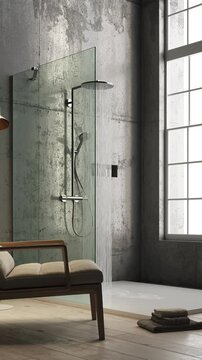 3d Render of modern Concrete wall bathroom with shower and water. Wood floor and big window with natural light on the right. Leather armchair on the left with floor lamp.