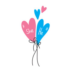 Fototapeta premium Heart-shaped pronoun balloons celebrating gender identity with blue and pink hearts