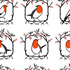 Vector seamless pattern with hand drawn cute robins in winter floral wreath. Ink drawing, beautiful Christmas design elements. Perfect for prints and patterns