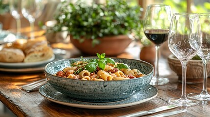 Table with delicious pasta dishes and wine glasses, perfect for a relaxed meal setting, evoking warmth and enjoyment.