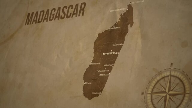 Vintage Map of MADAGASCAR with states Borders and Major Cities Positions