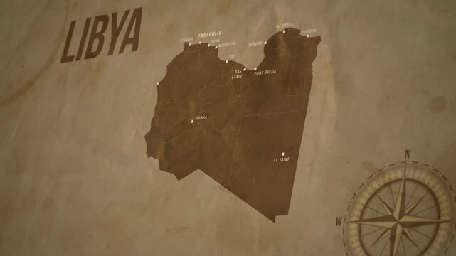 Vintage Map of LIBYA with states Borders and Major Cities Positions