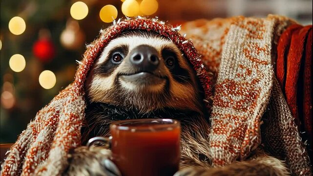 Sloth with wine in a chair. Selective focus