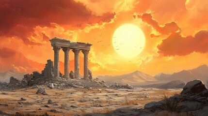 Fototapeta premium apocalypse and global crisis concept. Ruins of ancient columns under a dramatic sunset sky in a barren landscape.