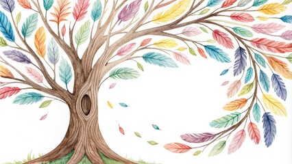 Obraz premium Colorful watercolor illustration of a tree with branches that resemble feathers forming a circle, natural symbolism, botanical print, feathered tree, tree of life symbol