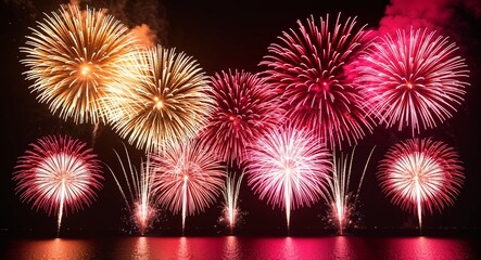 Fototapeta premium Combining gold red and pink fireworks into a dynamic display for celebration and love