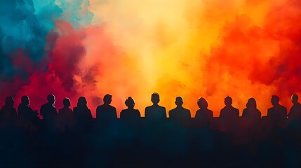 Fototapeta premium Silhouette of a Diverse Group of People Against a Vibrant Colorful Background Representing Collaboration, Unity, and Community Connection in a Creative Setting