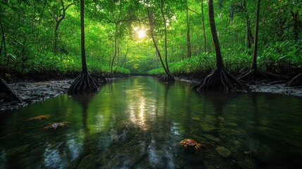 Obraz premium Serene Mangrove Forest with Sunlight Reflection 