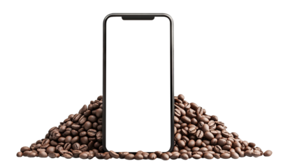 Mobile phone and coffee beans composition, isolated on transparent cutout background