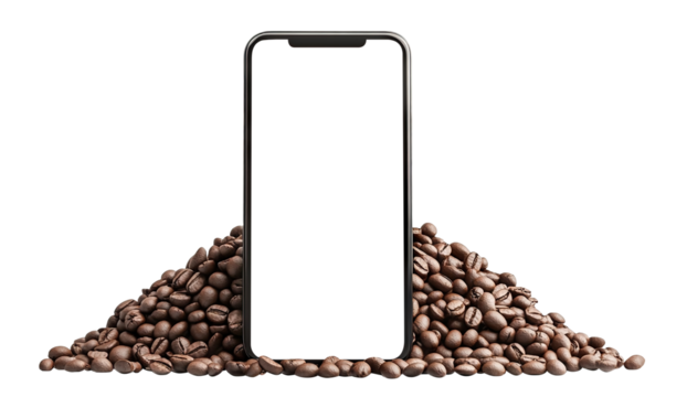 Mobile phone and coffee beans composition, isolated on transparent cutout background - Powered by Adobe