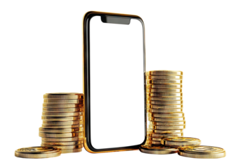Smartphone with gold coins stacked behind, isolated on transparent cutout background
