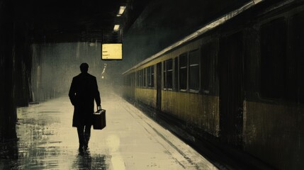 Mystery fiction featuring a lone figure walking down a deserted train platform, holding a suitcase and looking over their shoulder