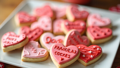 Sugar heart cookies decorated with pink and red icing on a white plate with warm lighting