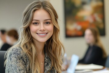 Fototapeta premium A confident, smiling young female professional in banking, insurance, law, or finance advising a couple during a corporate office meeting.