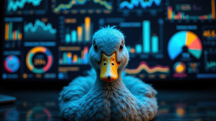 A cute rubber duckie in front of a colorful dashboard with charts and graphs, evoking a sense of playfulness and data analysis.