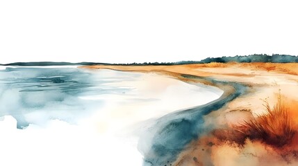 Serene Beach Landscape in Watercolor with Gentle Waves, Soft Sand, and Lush Green Vegetation, Invoking a Calm and Peaceful Atmosphere for Relaxation or Creativity