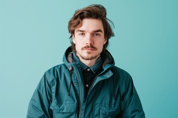 Portrait of a satisfied caucasian man in his 20s wearing a functional windbreaker in solid color backdrop