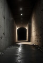 Fototapeta premium A dimly lit tunnel with a sliver of light at the far end , endpoint, illumination