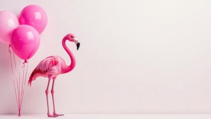 Fototapeta premium pink flamingo with balloons on white background, birthday greeting concept