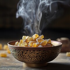 Natural aromatic frankincense resin burning in a decorative bowl, with smoke rising, symbolizing relaxation, meditation, and ancient traditions.