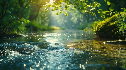 Fototapeta premium Tranquil Forest River with Sparkling Sunlit Water Nature's Purity and Clarity Theme