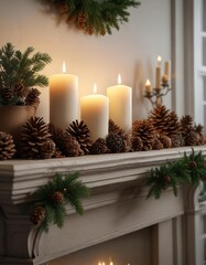 beautifully arranged candles and pinecones on a mantle, warm glow, cozy