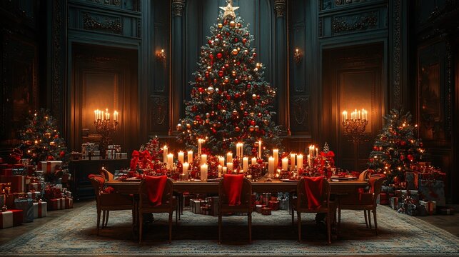 A holiday table adorned with candles and gifts, framed by a sparkling Christmas tree, capturing the spirit of Christmas celebration.