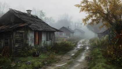 Rural Village Scene In Misty Weather