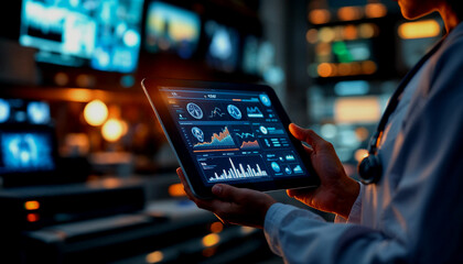 A hand in a white coat holding a digital tablet with various medical data and images displayed on the screen, surrounded by a futuristic, high-tech medical environment