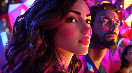 Obraz premium Close-up of two stylish people, woman with wavy hair and man with glasses, in vibrant colorful background.