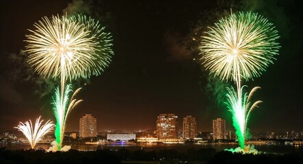 Obraz premium Launching green and gold fireworks to celebrate growth prosperity and new opportunities
