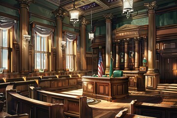 Formal Courtroom Scene with Judge, Defense, Prosecution, and American Flag