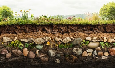 Fototapeta premium Cross-section soil layers, plants, rocks.