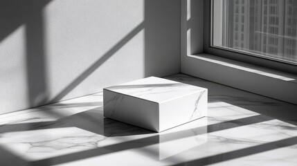 Showcasing Minimalist White Box Packaging Mockup with Elegant Shadows in Contemporary Setting for Design Inspiration