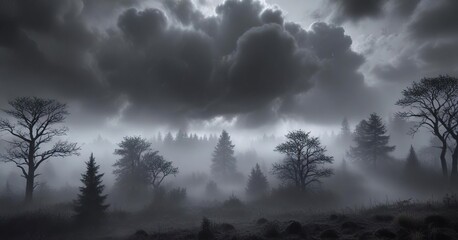 Dense fog rolls in beneath a vast expanse of dark and foreboding clouds, obscuring the view of trees , undergrowth, atmosphere