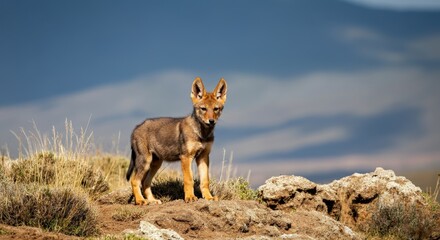 Fototapeta premium Ethiopian highlands scenery featuring young african ethiopian wolf in natural habitat