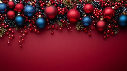 Fototapeta premium Thin holiday garland strand with mini baubles on deep maroon background