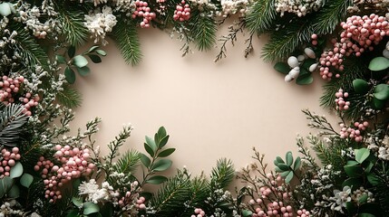Fototapeta premium Minimal festive garland design with tiny scattered decorations on warm taupe surface
