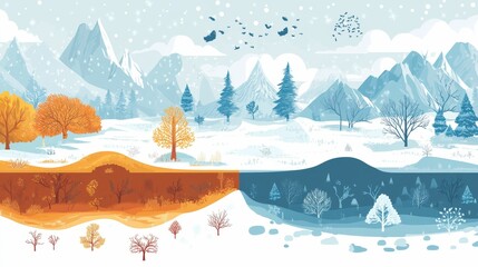 Seasonal landscape illustration;  trees, mountains, and sky change.