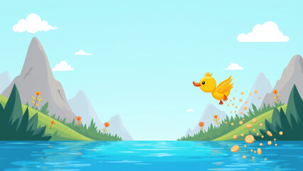 Obraz premium DuckDB logo with a flying duck over a mountainous river.